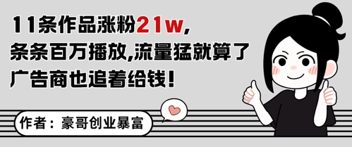 11条作品涨粉21W，条条百W播放，流量猛就算了，广告商也追着给钱 - 网赚副业资源网-网赚副业资源网