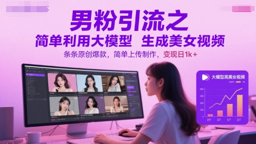 男粉引流之简单利用大模型生成美女视频，条条原创爆款，简单上传制作，变现日1k+ - 网赚副业资源网-网赚副业资源网