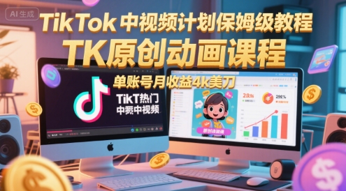 TikTok中视频计划保姆级教程，TK原创动画课程，单账号月收益4k美刀 - 网赚副业资源网-网赚副业资源网
