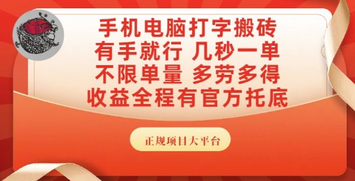 手机电脑打字搬砖，副业可发展主业来做蓝海项目，有手就行，几秒一单，不限单量，多劳多得【揭秘】 - 网赚副业资源网-网赚副业资源网