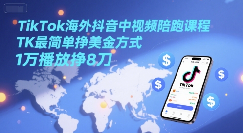 TikTok海外抖音中视频陪跑课程，TK最简单挣美金方式，1万播放挣8刀 - 网赚副业资源网-网赚副业资源网